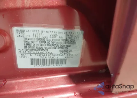 2016 Nissan Versa Note S (Sr)/S Plus/Sl/Sr/Sv z USA, uszkodzony, nr VIN 3N1CE2CP4GL375425